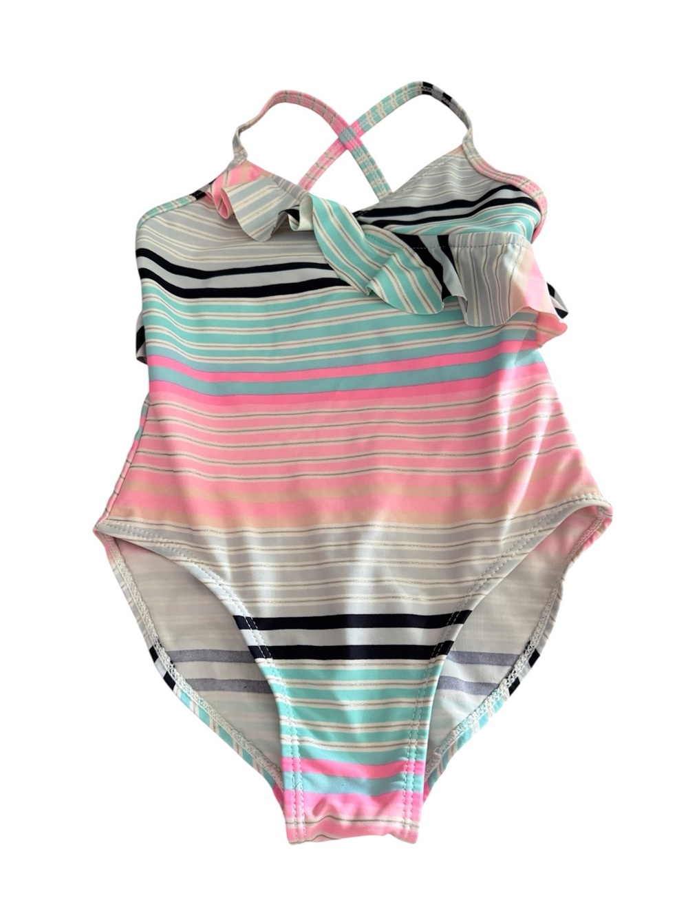 OshKosh B'gosh Pink & Aqua Striped Ruffle One-Piece Swim